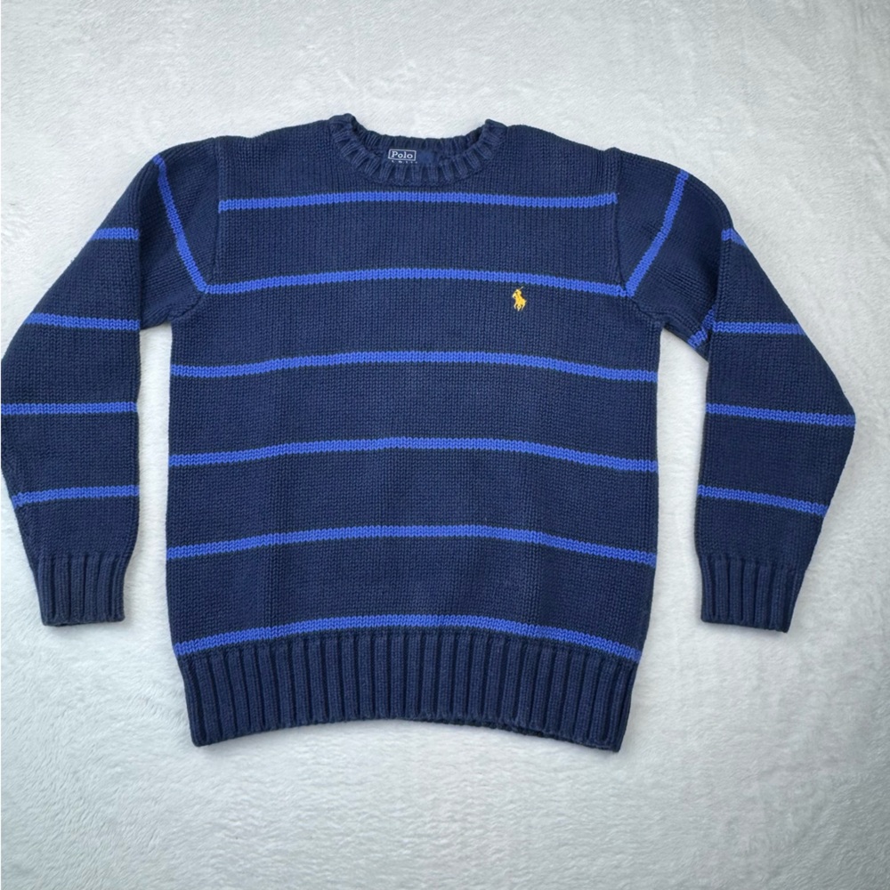 Polo Ralph Lauren boys blue stripe cable-knit cotton sweater. Size M.